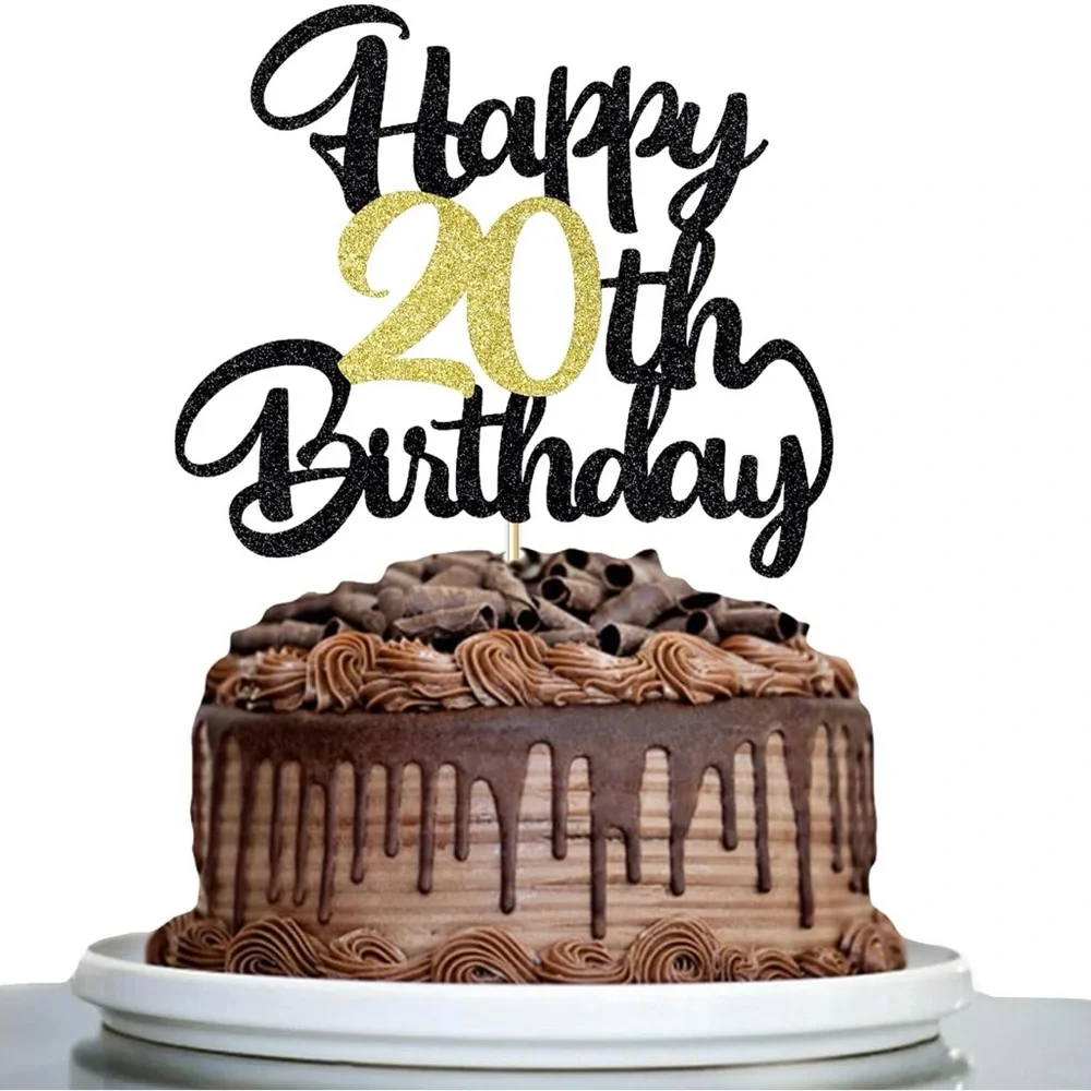 Klionjor 1 PC Happy 20th Birthday Cake Topper Black Gold Glitter Cheers to 20 Yr